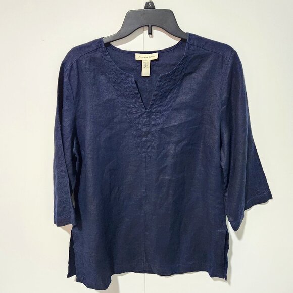 Amanda Smith Tops - Amanda Smith Navy Blue V-Neck 3/4 Sleeve 100% Linen Blouse Top Tunic Large